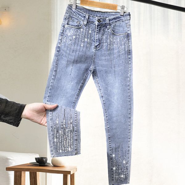 

women's rhinestone jeans 2020 spring new heavy industry diamond set fashion pants western style pants street style jeans woman, Blue
