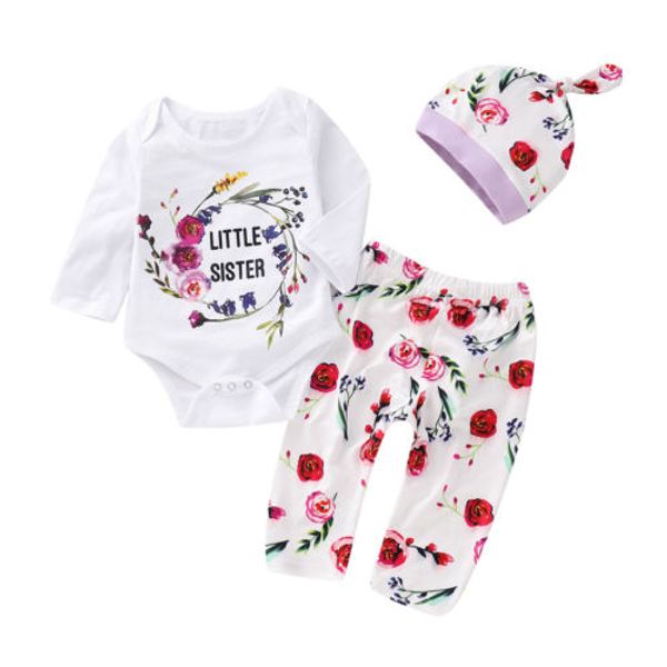 

2019 высокое качество baby girl эпикировка с длинным рукавом письмо печати romper tops + длинные цветочные брюки + hat 3шт set новорожденные, Pink;blue