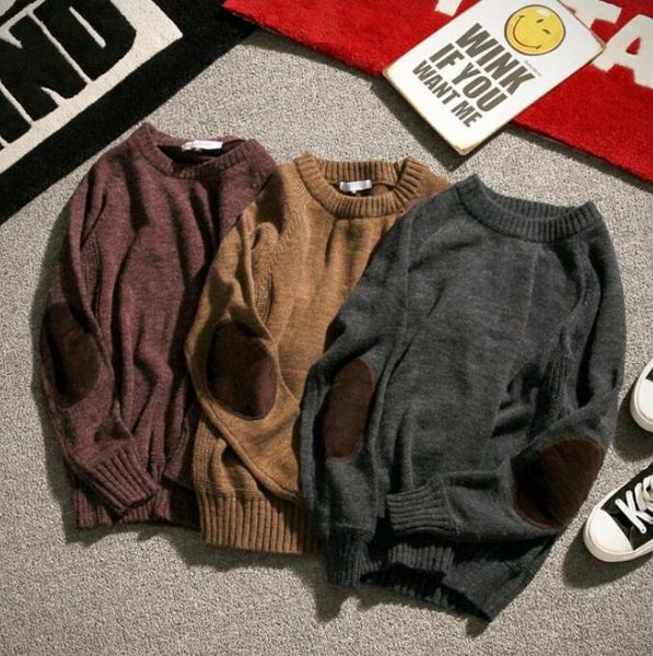 

men's clothing men's sweater 2020 elbow patch retro solid color round neck pullover sweater for male yw0145, White;black