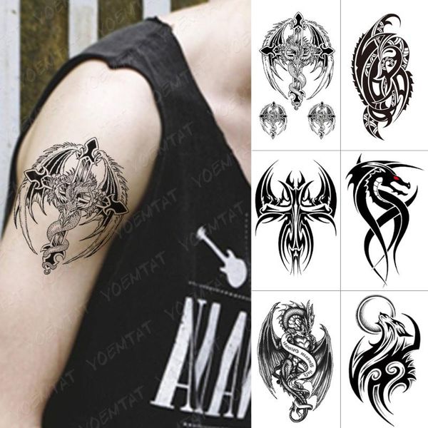 

waterproof temporary tattoo sticker winged dragon feather cross flash tattoos wolf totem body art arm fake tatoo men