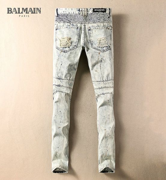 

designer balma mens jeans fashion trend brand trousers motorcycle street hip hop bleached hole vintage personality skinny pants sale, Blue