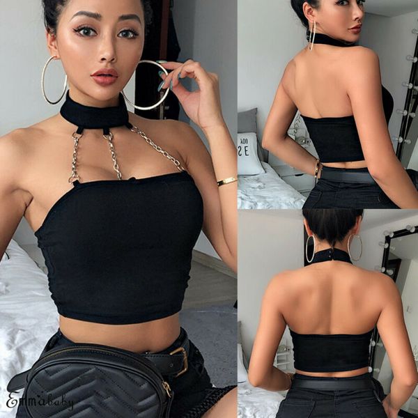 

women metal chain halter neck chain punk crop vest top, White