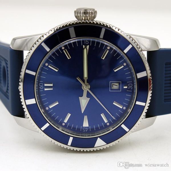 

refined and elegant man wristwatch 46mm automatic mechanical watch round blue dial soft rubber strap exquisite mens watches, Slivery;brown