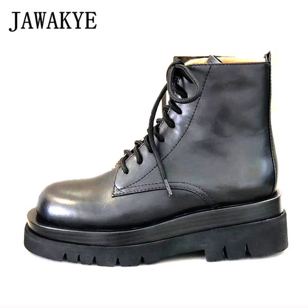 

thick sole lace up ankle boots for women british flat leather motorcycle boots runway platform winter shoes black