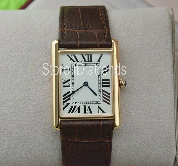 Relógio de quartzo super fino da moda masculino feminino com mostrador dourado pulseira de couro marrom relógio de pulso design retangular clássico relógio 546F