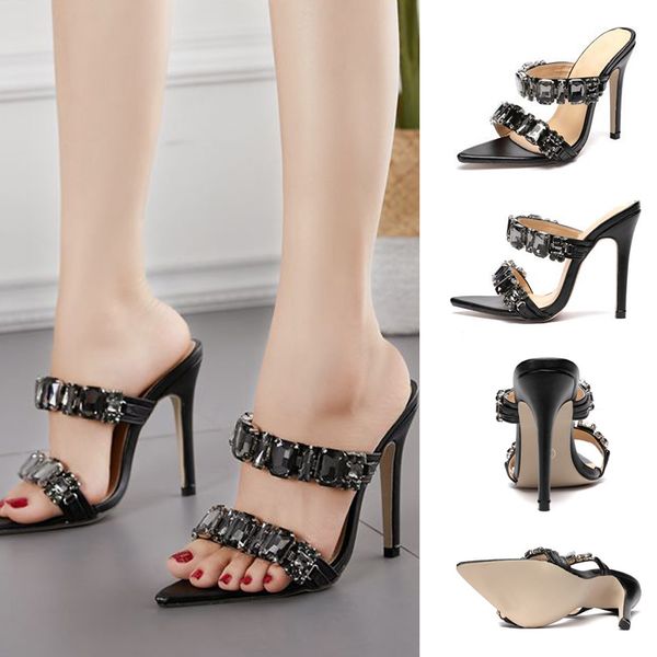 

sandals for womwn heels crystal 2020 new spring and summer womens pointed-toe rhinestone high heels plus size 42, Black