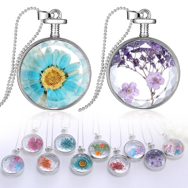 

rinhoo femme elegant dried flowers necklace silver long chain round glass pendant necklace for women girls fashion jewelry gift