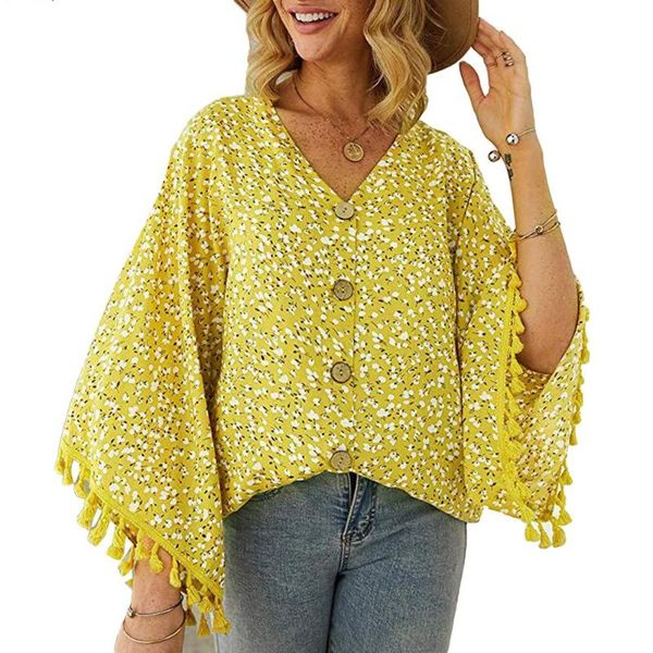 

fashion women long sleeve blouse v neck shirt ladies women casual v neck blouse print tassels cuff loose shirt, White