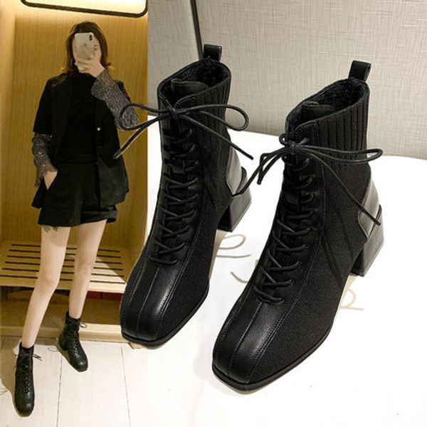 

stretch high-heeled boots 2020 winter women's shoes new korean version of the wild thick short boots net red thin, Black