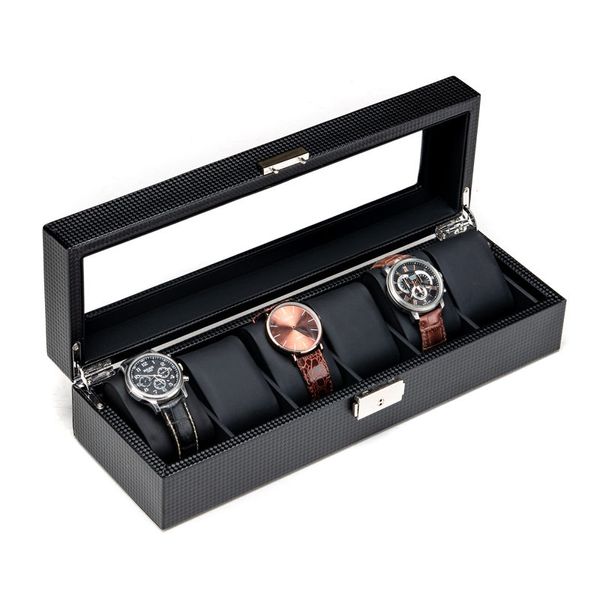 

2019 new carbon fibre watch storage cases box black 6 slots pu watch organizer with lock storage boxes jewelry gift box, Black;blue