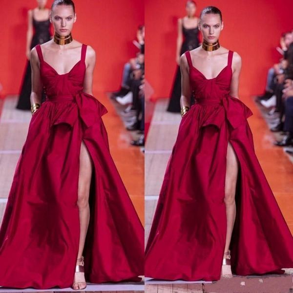 

red high thigh split evening dresses spaghetti ruffles pagenat celebrity gowns a line runway fashion prom dress, Black;red