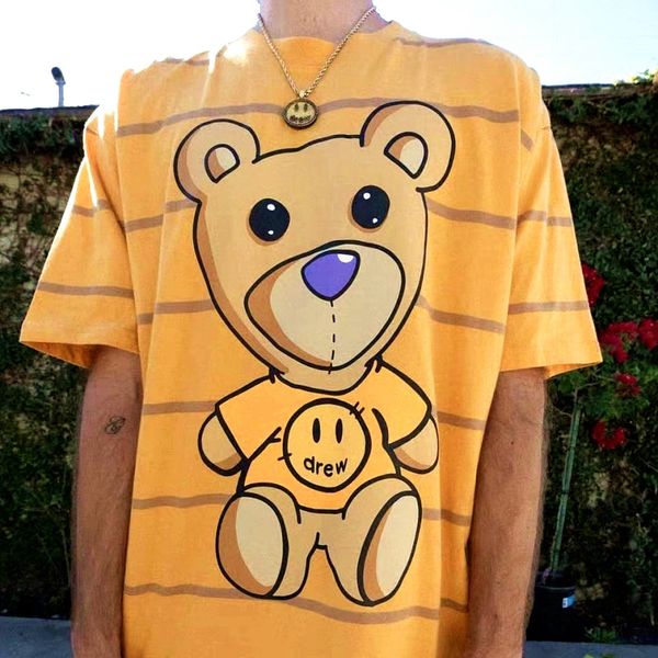 

drew house bear beber celebrity inspired high street style loose striped bear men short sleeve female couple t-shirt, Red