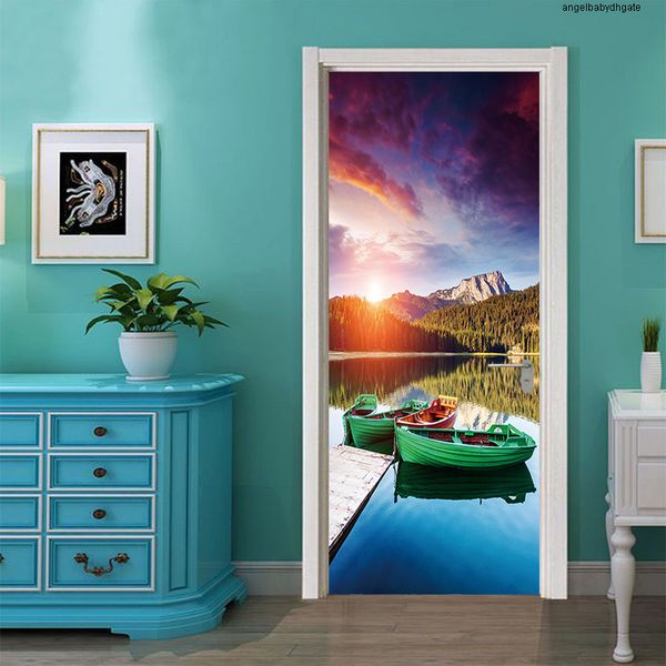 

afterglow 2pcs/set 3d landscape effect beautiful scenery sunset diy door mural decoration waterproof removable living room pvc wall sticker