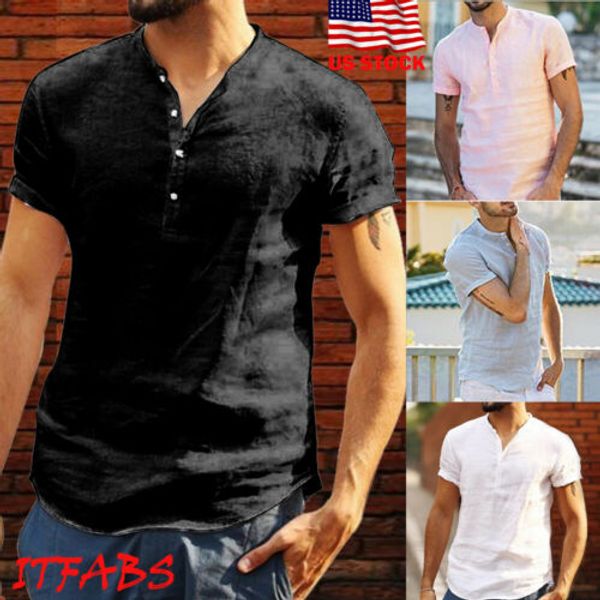 

men new causal summer short sleeve loose v-neck linen shirt blouse summer causal fashion solid shirt, White;black