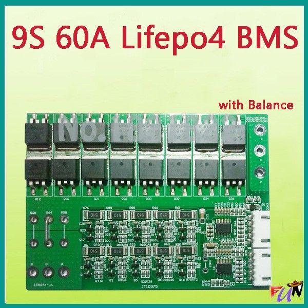 Freeshipping 9 S 60A lifepo4 BMS PCM lifepo4 placa de proteção da bateria bms pcm com balanceamento para lifepo4 pacote de célula de bateria