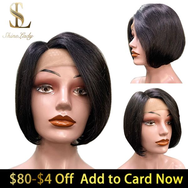 

shinelady side parting short bob wig natural hair 1b# 2# front lace straight hair wigs for black women human wig bangs, Black;brown
