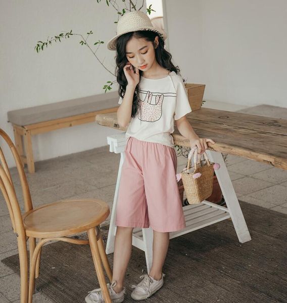 

2020 summer teen girls sets girl beige print t shirt+wide leg shorts 2pcs set kids outfits wholesale, White