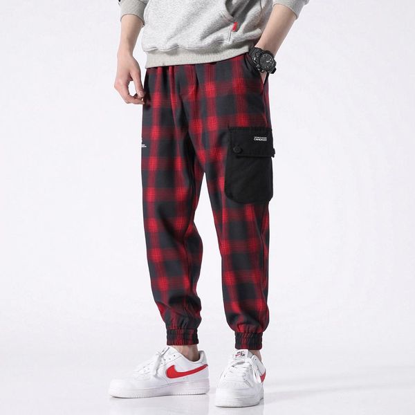 

sweatpants mens pants plaid patchwork joggers fashion hip hop casual streetwear trousers male harem pant 4xl 5xl, Black
