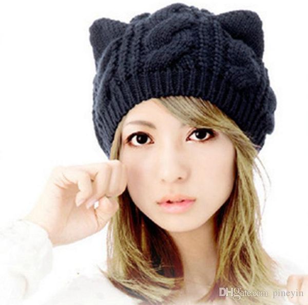 

cat ear new arrival elegant women knitted hats fur rabbit cap autumn winter ladies female fashion skullies hat xz92, Blue;gray