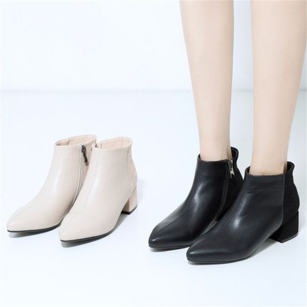 

pxelena women winter ankle boots plus size 34-43 block square med heels zip patchwork office lady daily comfort shoes black