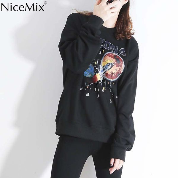 

nicemix 2019 jasmine harajuku style strange girl planet printed loose street bf furry pullover girl student hoodies sweatshirts, Black