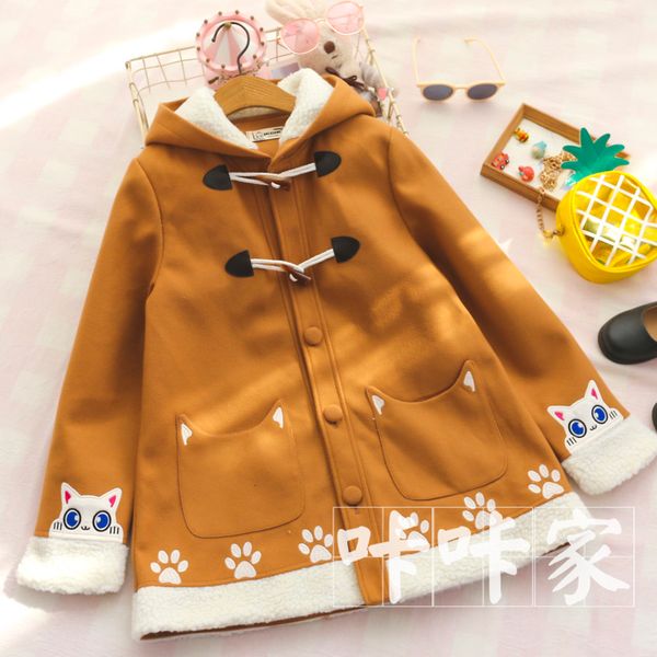 

sweet lolita preppy style big eyed cat embroidered ears hooded coat young girl harajuku mori girl jacket winter autumn outerwear, Black;white