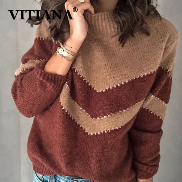 

vitiana casual knitted sweater women autumn 2019 long sleeve pullover knit sweaters femme striped elegant loose winter clothes, White;black