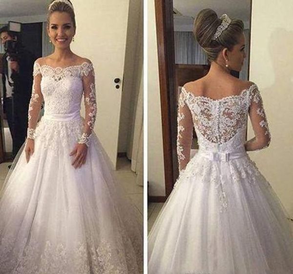 

2019 vintage off shoulder long sleeves a line wedding dresses lace appliqued bow sash with buttons sweep train bridal gowns quality, White