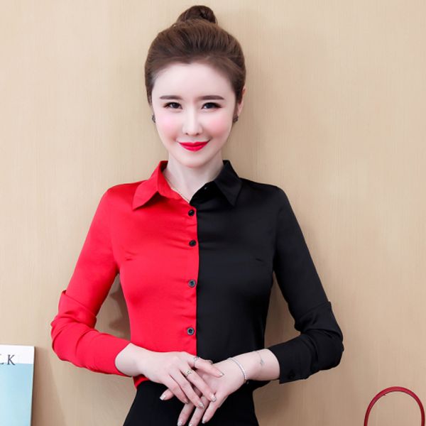 

new runway designer silk button shirts women fashion long sleeve lapel neck contrast color ladies shirt blouses elegant office shirts, White