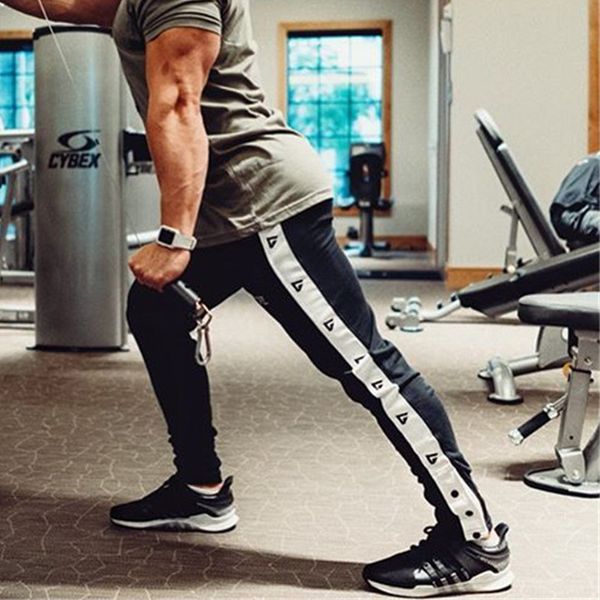 

muscle brother new style fitness sports leggings men's elasticity slim fit running training-style side edge pin tiao pants, Black;blue