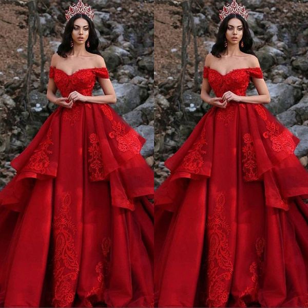 

plus size red prom party dresses 2019 off shoulder appliques sequins layered ruffles formal pageant gowns vestidos, Black