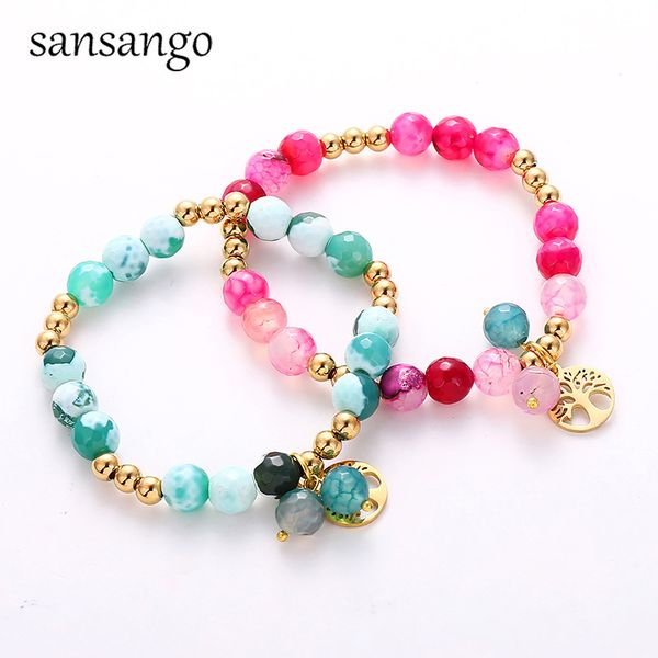 

natural stone beads bracelet bangle stainless steel life tree charm bracelet multicolor stretch wristband bracelets, Black