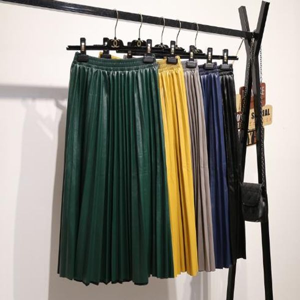 

pu skirt women 2019 autumn winter midi long korean elegant pleated high waist leather skirt female a line office skirt lj514, Black
