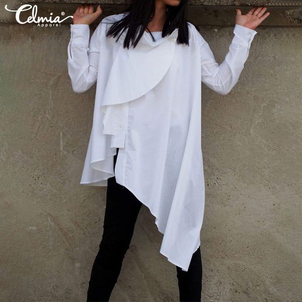

fashion celmia vintage women asymmetrical shirts casual buttons ruffles blouse long sleeve high neck loose pleated blusas, White