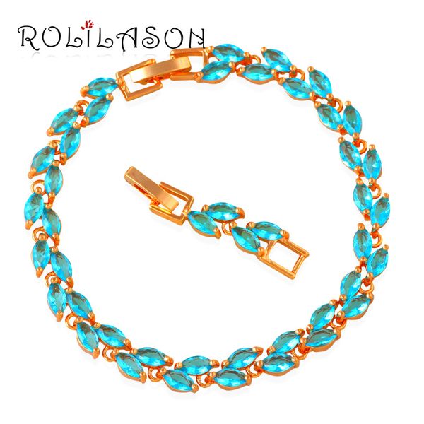 

rolilason gorgeous gold tone crystal bracelet valentine day gift for lover blue zircon bracelet fashion jewelry tb1076, Golden;silver