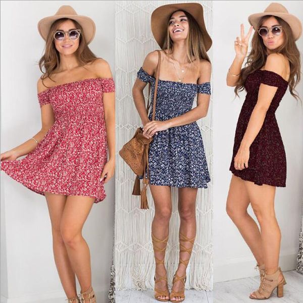 

casual boho dress short sleeve floral dresses women summer dress 2020 party red mini off shoulder vestidos bohemia sundress, Black;gray