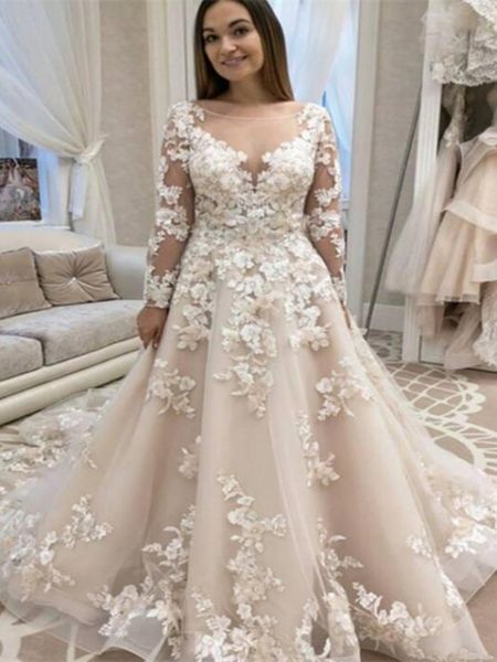 

vestido de noiva 2020 plus size wedding dresses long v neck bride gowns back deep v appliques a line wedding gown, White