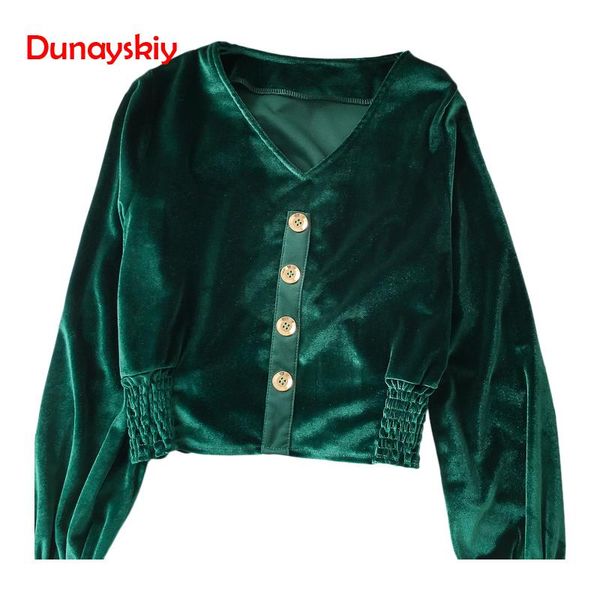 

женщины весна осень v образным вырезом фонарь рукав бархатная блузка и растениеводство топы мода одиночные кнопки велюр туника талии рубашки, White