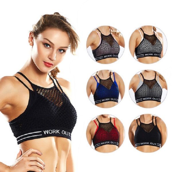 

womens sports shockproof bra yoga tube sportwear sleeveless crop gym hollow out gauze two piece set t-shirts strap tanks vest, Black;white
