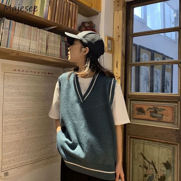 

women's vests women warm large size loose simple trendy novelty all-match knitted pullover v-neck womens patchwork harajuku vintage chi, Black;white
