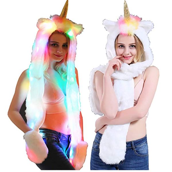 

women faux fur unicorn hat scarf gloves led light up mitten gloves hoodie halloween christmas costume warm hats for girl xmas party hh9-2355