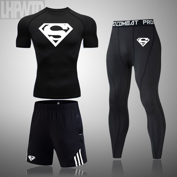 

новые мужчины спортивная одежда футболки running костюмы mens короткий рукав футболки + брюки + шорты фитнес центр беговая наборы спортсмену, Black;blue