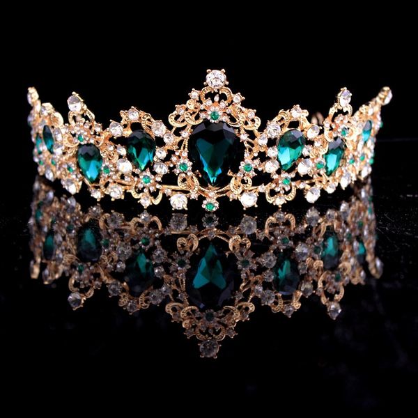 

baroque crown red blue green crystal bridal tiaras crown vintage gold hair accessories wedding rhinestone diadem pageant crowns, Golden;white