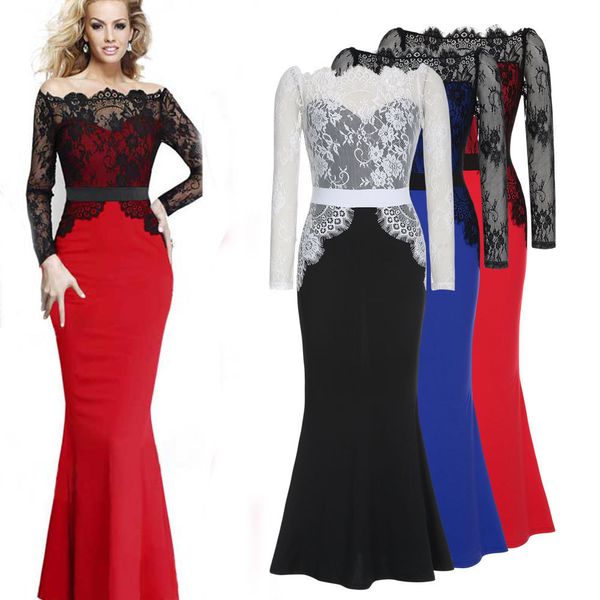 

lace off shoulder summer maxi dress sheath zipper lace party beach dress mermaid slash neck floor-length vestidos, Black;pink