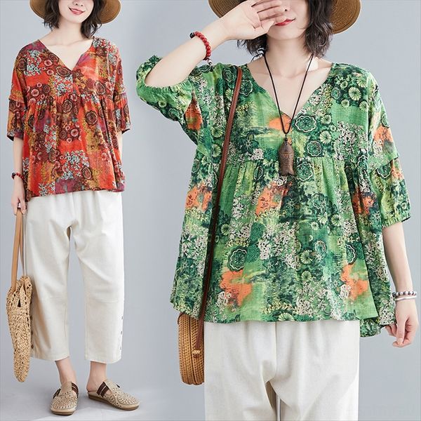 

95 summer clothes 2020 casual loose large size cotton linen cotton linen printing foreign style v-neck doll shirt, White