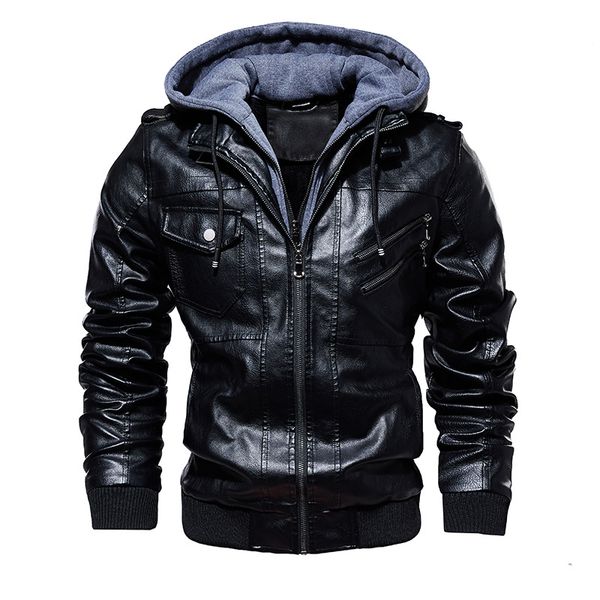 

cysincos men's autumm motorcycle leather jacket winter fashion casual hooded imitation jacket men warm leather and coat, Black
