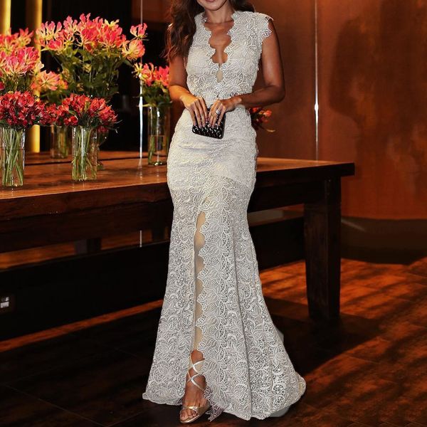 

elegant party dress women 2019 summer bodycon deep v neck lace long dresses club mesh split boho robe foral maxi vestidos, Black;gray