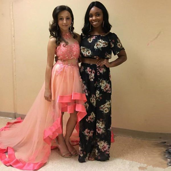 

little cocktail dresses high low prom dresses high neck lace appliques bead sequined graduation dress tiered party gowns q59, Black