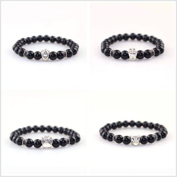 

styles vintage lovers bracelets natural beads stone men jewelry alloy leopard pendant obsidian bracelet for women hand chains, Black