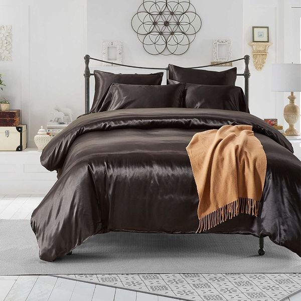 

imitation silk solid color bedding set home textiles duvet cover pillow cases us twin  king size bedclothes